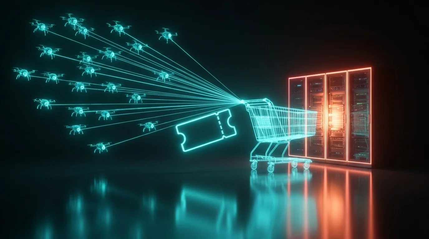 Illustration: a swarm of small crawler drones converging on a shopping cart and a coupon while the server behind them overheats